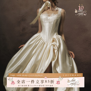 LaceMade 白色加冕礼 法式典藏重工缎面白色礼服婚纱裙鱼骨连衣裙