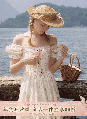 LaceMade 木棉花日记 法式设计感田园风印花显瘦鱼骨胸衣连衣裙