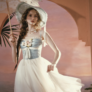 LaceMade 日落花束 法式设计感显瘦长款缎面网纱礼服裙吊带连衣裙