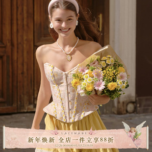 设计感鱼骨抹胸上衣蕾丝黄色蛋糕裙套装 法式 女 镀金花语 LaceMade
