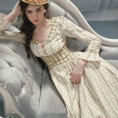 LaceMade 温莎花园 法式田园风棉质清新通勤碎花长袖绿色连衣裙女