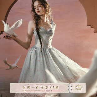LaceMade 林间诗篇 法式田园绿色碎花甜美吊带连衣裙小个子长裙女