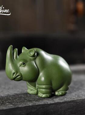 茶宠犀牛宜兴紫砂绿泥绿色小巧