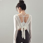瑜伽服上衣女美背绑带运动长袖 跑步训练速干健身服罩衫 防晒薄网纱