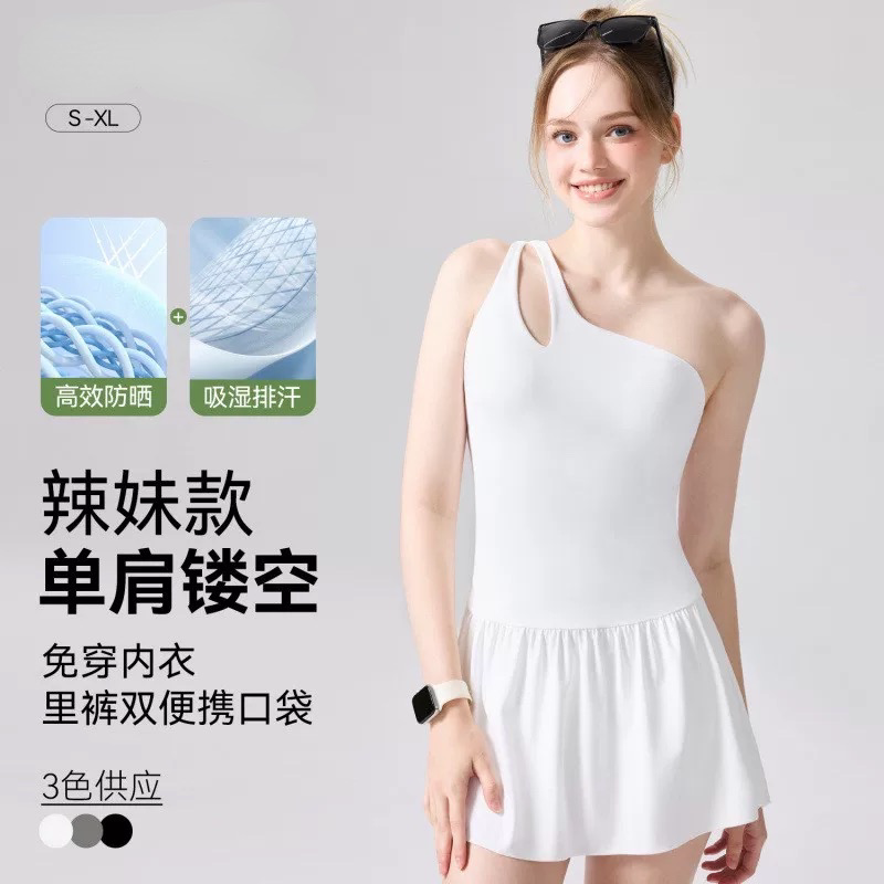 休闲云感网球连衣裙防走光瑜伽背心修身显瘦镂空性感单肩内搭上衣