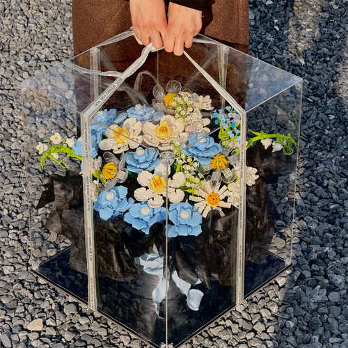蓝色积木花束展示盒拼装抱抱桶手工DIY材料包送女生情侣生日礼物