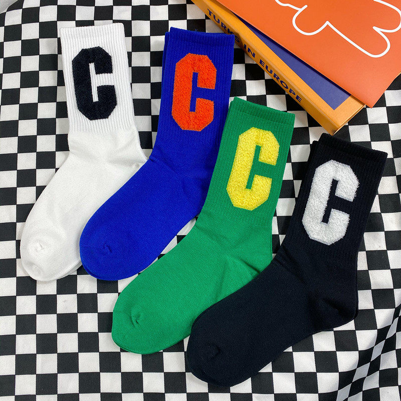 3双大C袜子无骨缝头外穿潮ins网红款女中筒袜克莱因蓝字母长袜