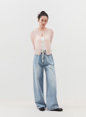 INRM 羊毛马海毛绞花毛针织衫毛绒感圆领短款长袖落肩开衫女