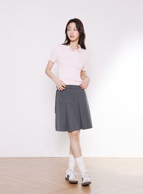 INRM 短款针织polo领衫学院风简约修身短袖T恤上衣女