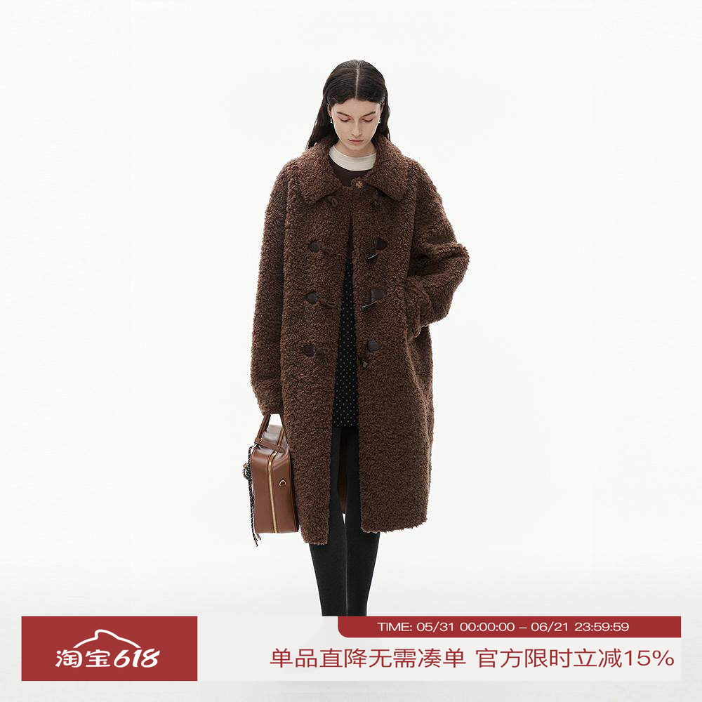INRM 羊羔毛拼皮牛角扣风衣 冬季高级感加绒长款风衣外套开衫女