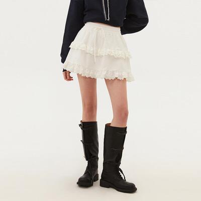 INRM 蕾丝拼接层次感棉布花边蛋糕裙女2025松紧腰公主蓬蓬半身裙