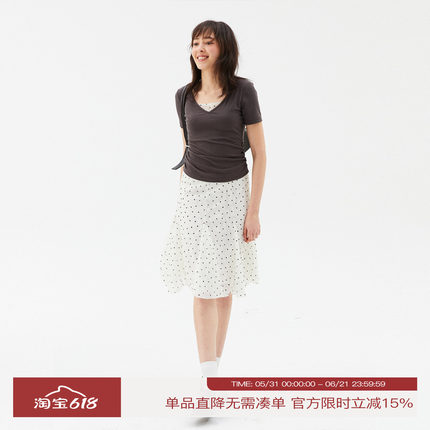 INRM 蕾丝波点拼接V领T恤2026新款夏季复古休闲修身显瘦短袖T恤女
