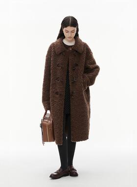 INRM 羊羔毛拼皮牛角扣风衣 冬季高级感加绒长款风衣外套开衫女