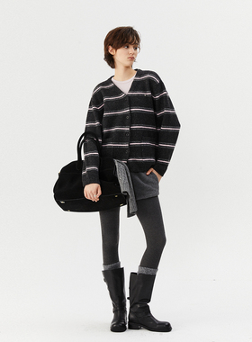 INRM 复古撞色长袖条纹开衫2026春秋宽松纽扣门襟毛针织衫女