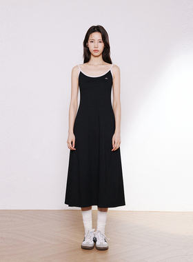 INRM 少女黑色背心连衣裙修身显瘦中长款logo刺绣裙子女