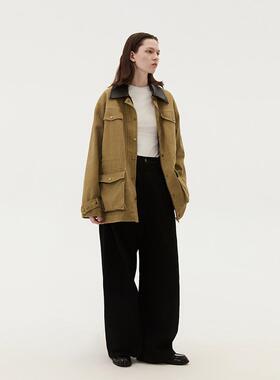 INRM 美式复古巴恩风工装外套大口袋拼皮翻领宽松开衫夹克女2025