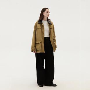 INRM 美式复古巴恩风工装外套大口袋拼皮翻领宽松开衫夹克女2025