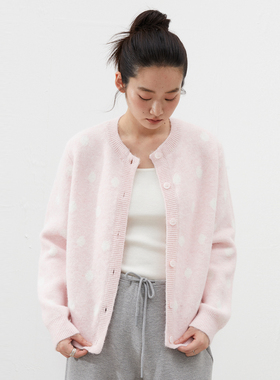 INRM 复古经典羊驼毛波点开衫毛衣女秋冬圆领落肩针织衫外套