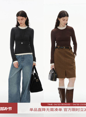 INRM 美拉德棉羊毛假两件基础打底衫修身套头毛针织衫女