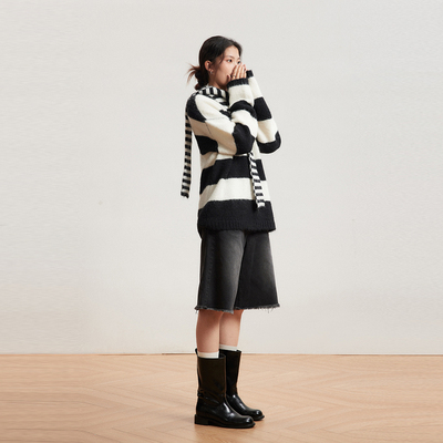 马海毛条纹黑白毛衣inrm