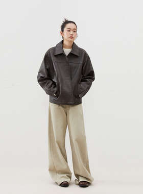 INRM 复古棕皮衣拉链外套女新款宽松机车短款夹克上衣女春秋