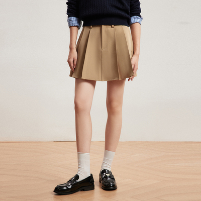 INRM夏季新款A字双褶短裙高腰显瘦百搭甜美女半身裙