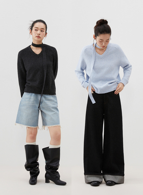 INRM 慵懒风V领羊毛套头针织衫简约设计插肩袖上衣毛衣女秋