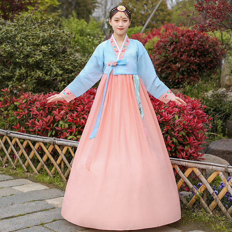 绣花朝鲜服装纯色韩服成人大长今民族舞蹈演出服传统韩国宫廷古装