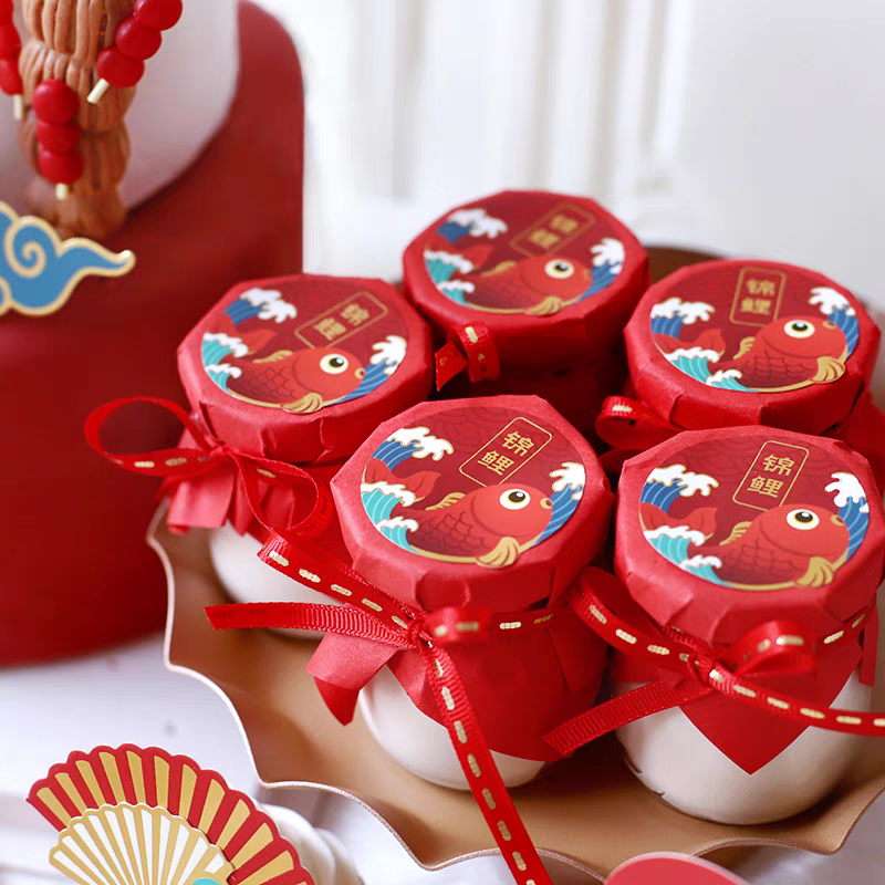 红色新中式男孩周岁生日甜品台舞狮蛋糕装饰贴纸推推乐纸杯插件