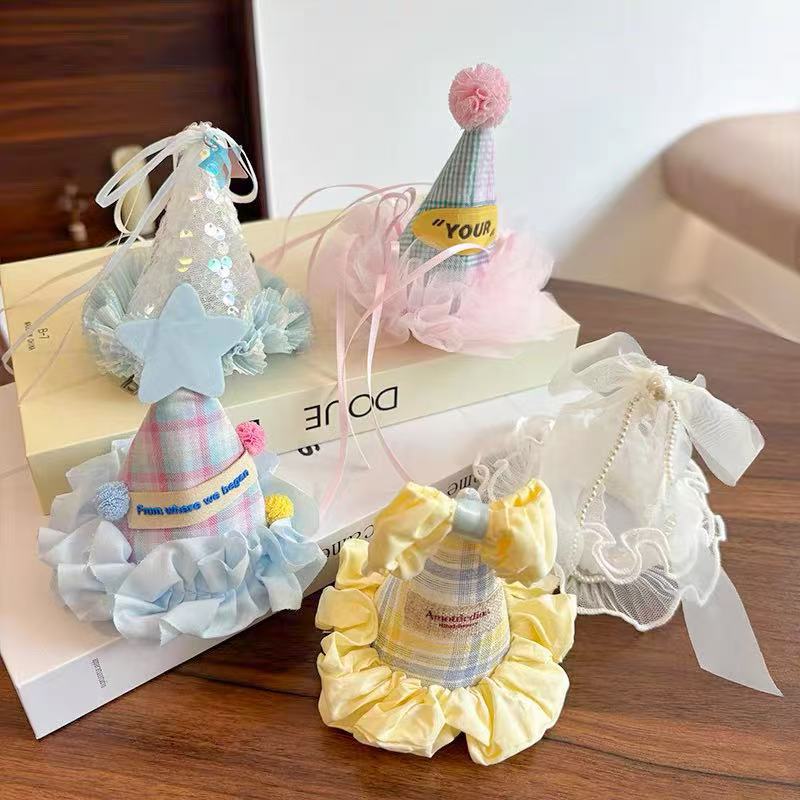 格子布艺生日帽星星尖顶帽发夹
