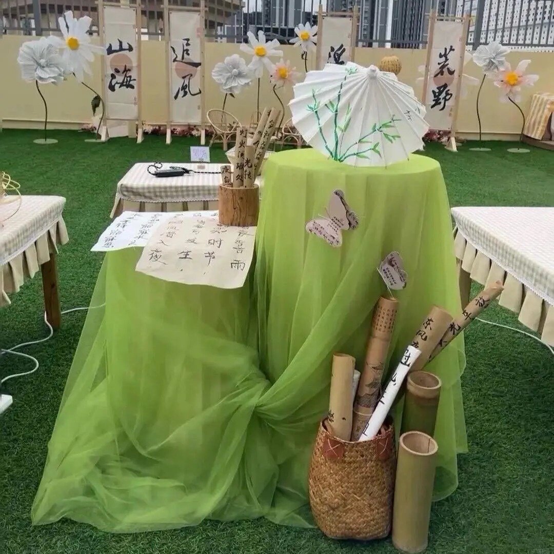 中秋节幼儿园中式古风环创活动氛围感装饰绿色网纱桌幔桌旗摆件图片