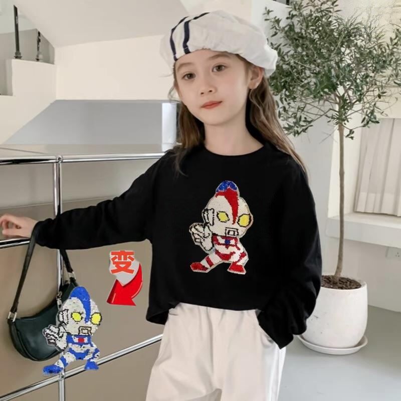 赛罗奥特曼女童上衣2023秋季新款纯棉长袖t恤女孩变色亮片打底衫