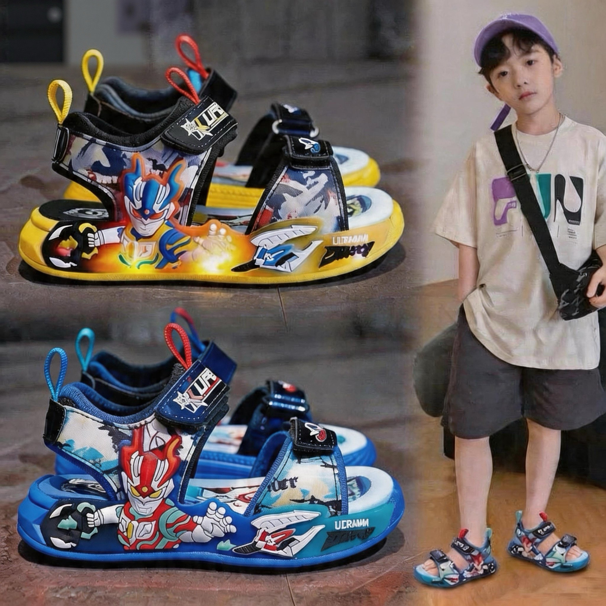 赛罗奥特曼凉鞋男童夏新款透气发光凉鞋儿童轻便软底运动亮灯凉鞋