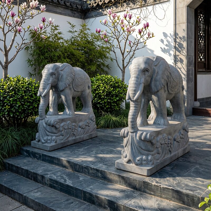 石雕大象一对家用摆件小象石头雕刻吸水石象庭院别墅门口招财石象