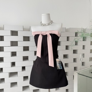 生日party小礼裙女夏高级感名媛气质赫本风蝴蝶结抹胸高腰套装裙