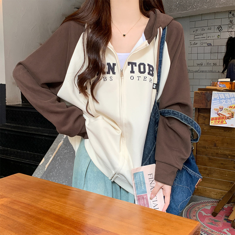 实拍实价重磅美式字母刺绣连帽卫衣女秋冬设计感抽绳拉链开衫外套