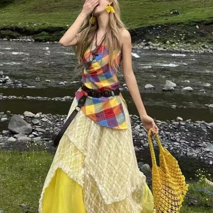 新疆草原川西风云南西北出游旅游穿搭明媚艺术生多巴胺黄色连衣裙