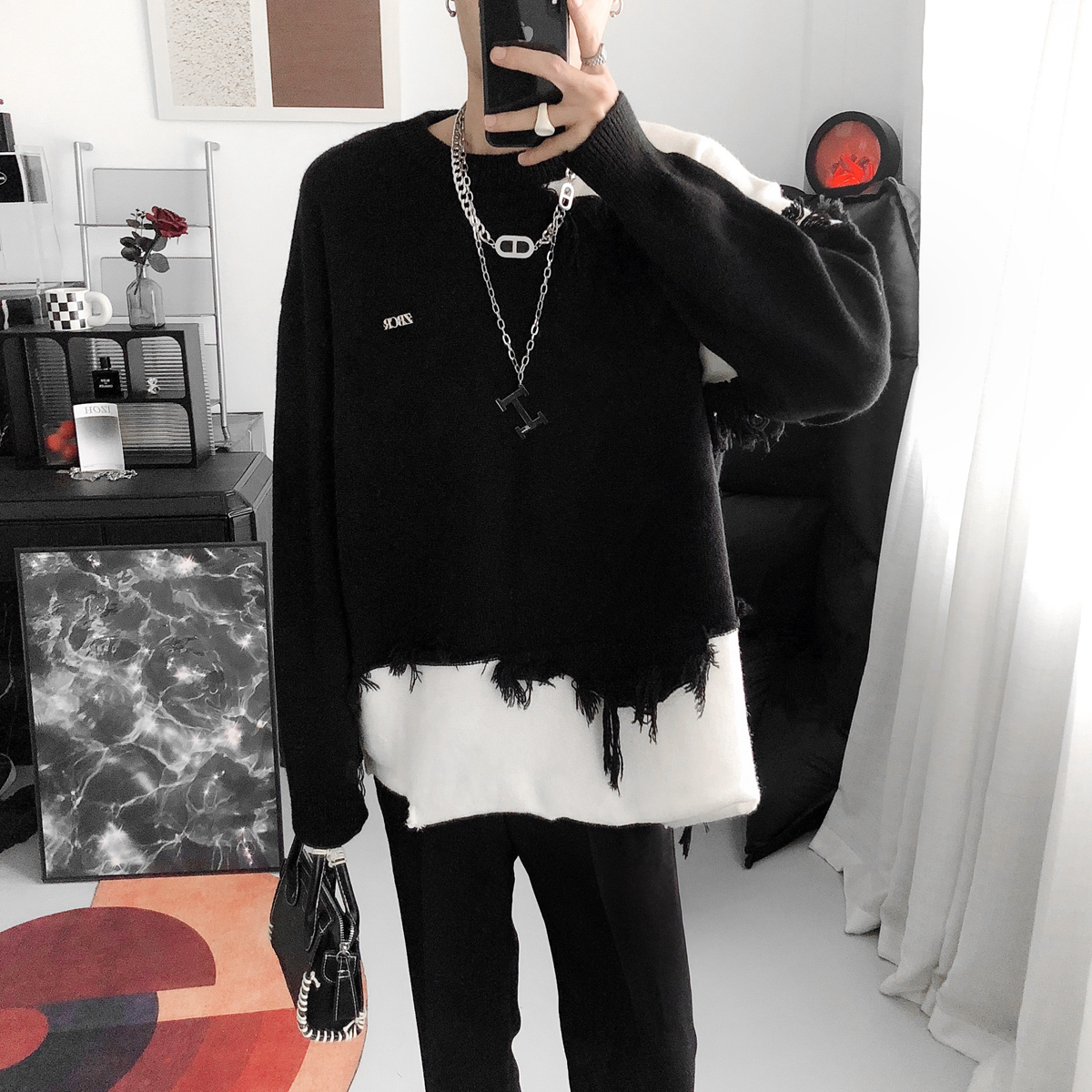 磨破拼色宽松毛衣圆领潮流针织衫