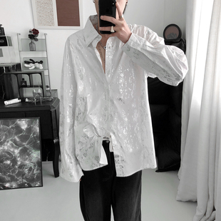 复得先生水墨反光花纹衬衫男女高级感慵懒风潮流宽松痞帅长袖衬衣