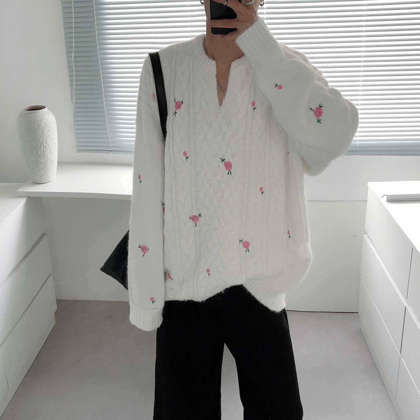 复得先生法式碎花刺绣毛衣男女V领麻花保暖软糯针织衫宽松上衣冬