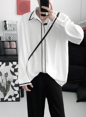 复得先生白色香风织带衬衫男长袖ins高级感韩版潮流痞帅设计衬衫