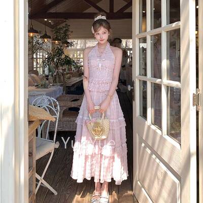 cain件T1088法e粉色v领挂脖波点吊带半身裙两套女夏季式A气质性感