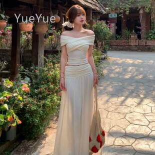 法式 开衣春穿搭气质腰长C3B523 白色字肩连一裙子收女夏2025年新款