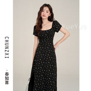 春知喜茶歇气法式黑色新碎花连衣裙女夏2003季025款小个子显2瘦质