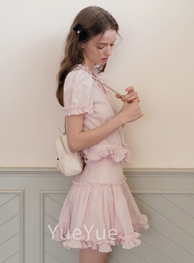 粉色减龄一百整套穿搭泡泡耳袖裙上衣木花边搭半身BL25030短裙套
