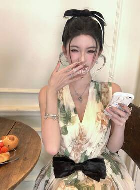 Bab Chill领海r棠花无袖雪纺连衣裙女夏日金碎BBYAA26Q花千掐腰裙