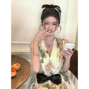 Bab Chill领海r棠花无袖雪纺连衣裙女夏日金碎BBYAA26Q花千掐腰裙