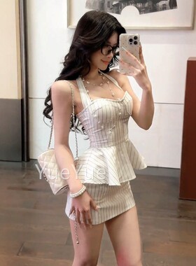 性感挂脖复辣古ZXK-9633条纹拼衣接假两件连裙女夏季新款纯欲短妹