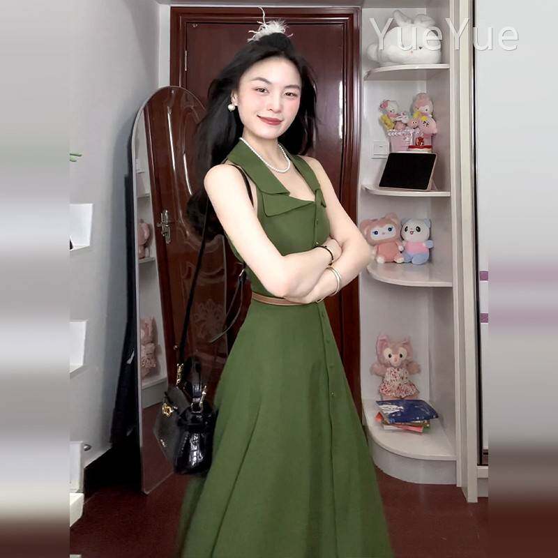 法式色复古绿露背挂脖子连衣裙夏季2025女新C3L51995款高级感收腰