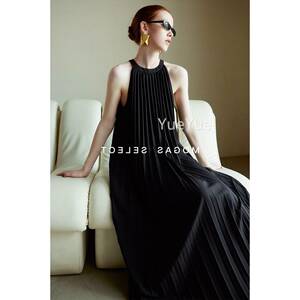 重灵LNI工高定质感动琴褶经典百褶裙脖度假挂连衣裙风子女春夏